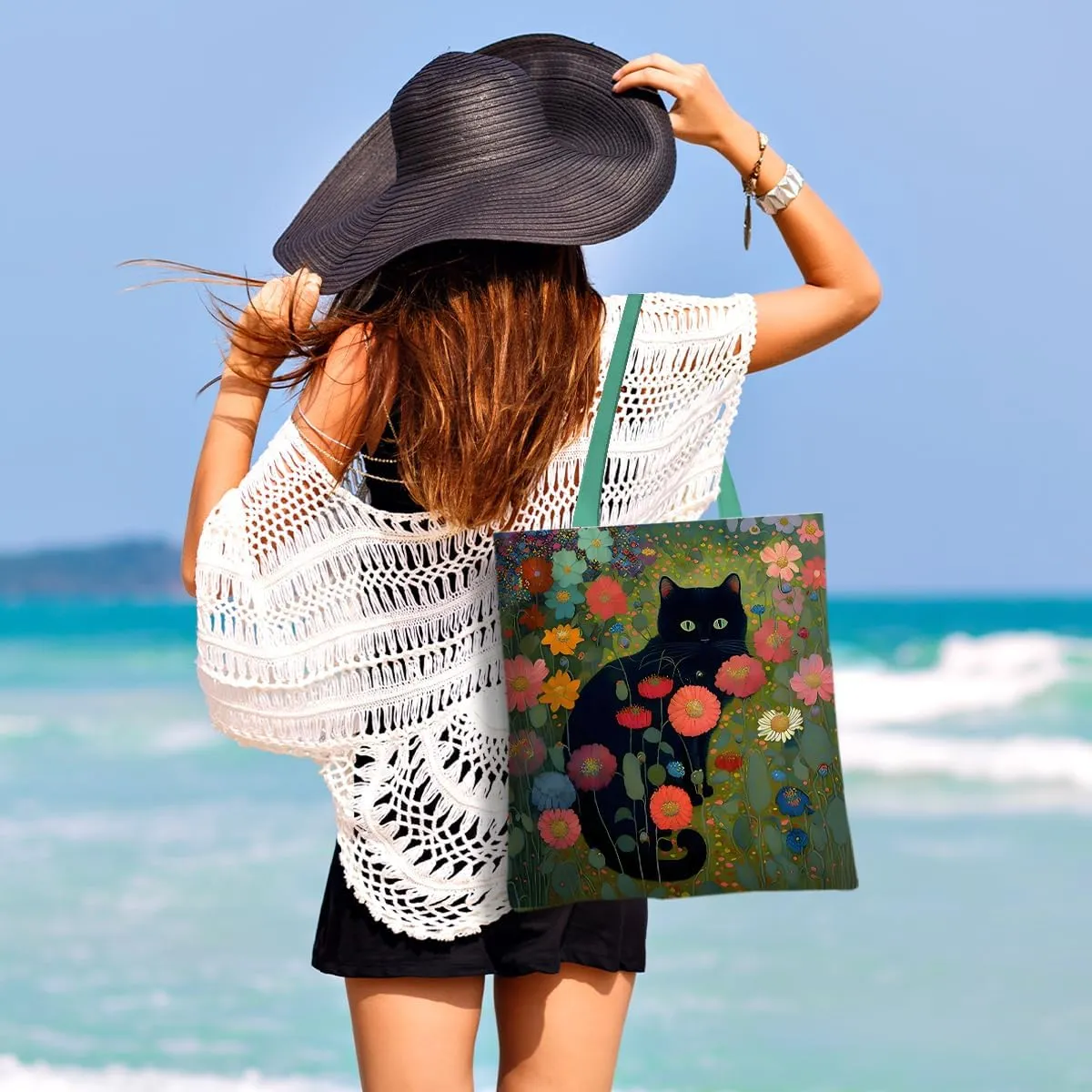 Cute Tote Bag for Women Floral Cat Gifts Boho Butterfly Forest Animals Reusable Grocery Bags Cat Lover Gifts