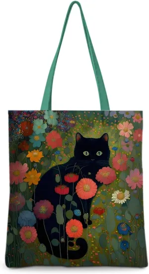 Cute Tote Bag for Women Floral Cat Gifts Boho Butterfly Forest Animals Reusable Grocery Bags Cat Lover Gifts