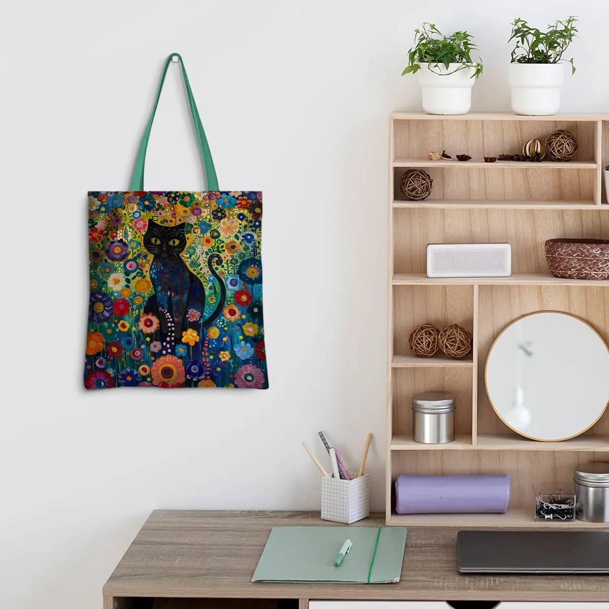Cute Tote Bag for Women Floral Cat Gifts Boho Butterfly Forest Animals Reusable Grocery Bags Cat Lover Gifts
