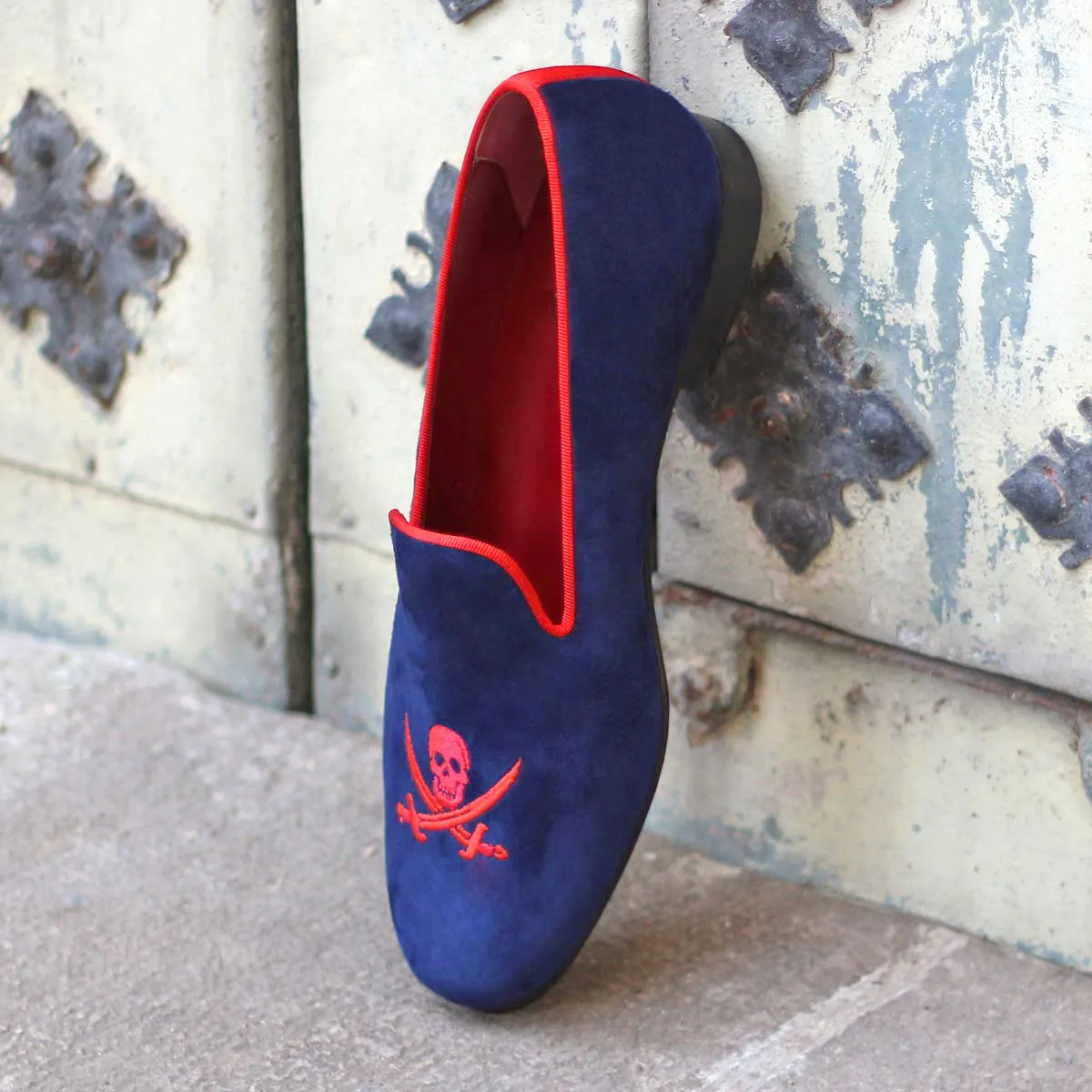 DapperFam Enzo in Navy / Red Men's Suede & Grossgrain Slipper