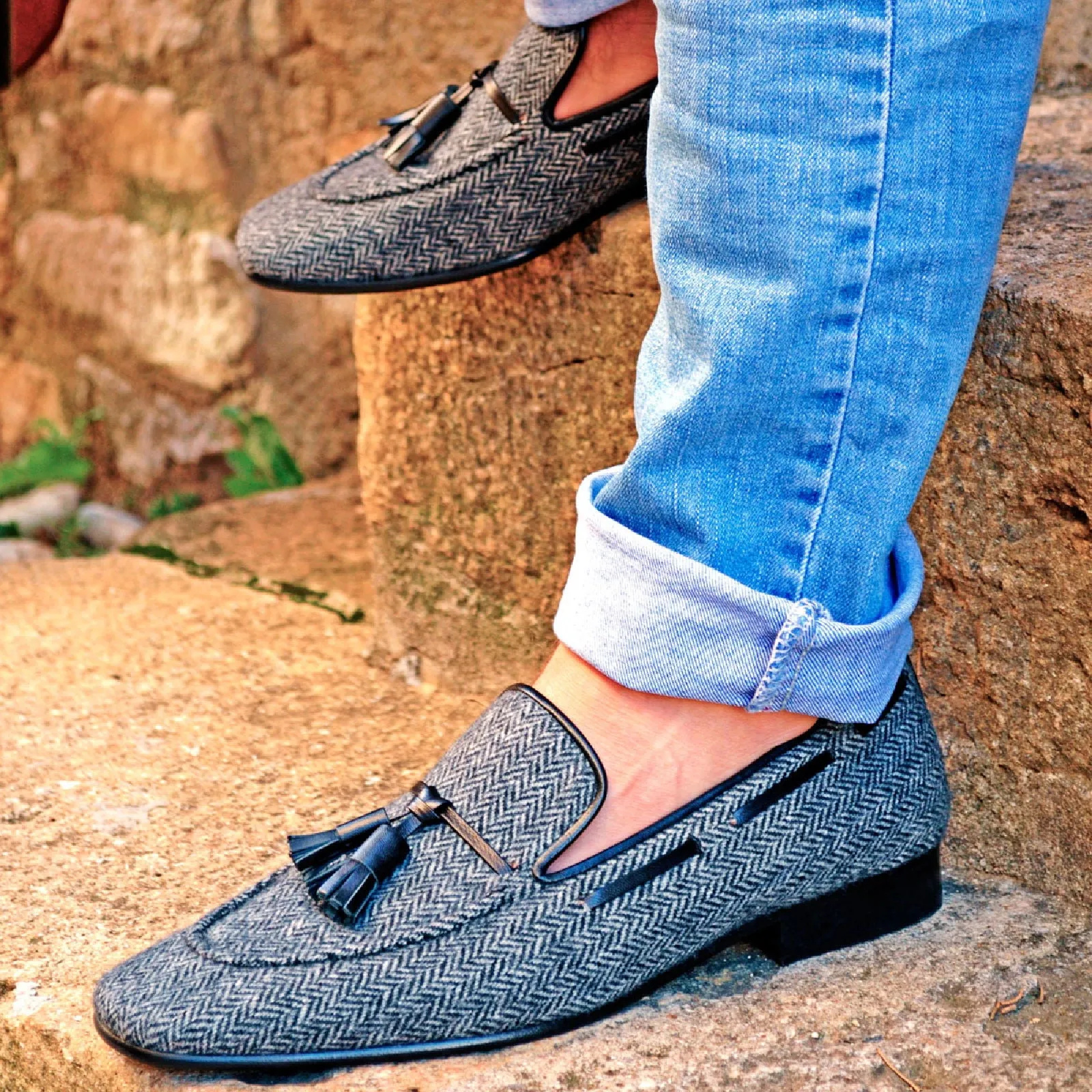 DapperFam Khalil in Black / Herringbone Men's Sartorial Slipper
