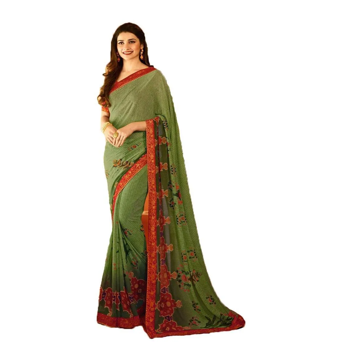 Dazzling Green With Red Print Colored Designer Georgette Saree