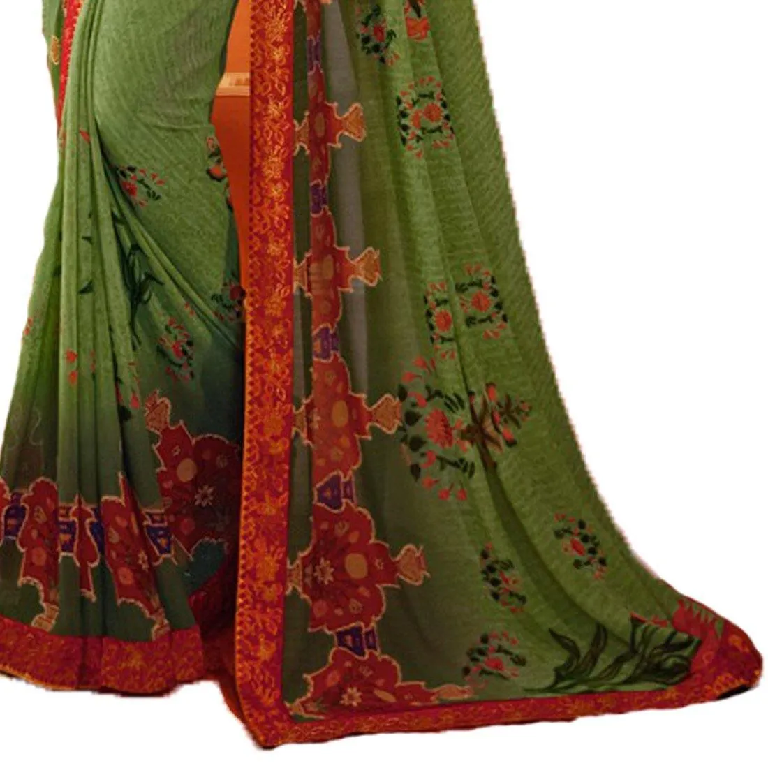 Dazzling Green With Red Print Colored Designer Georgette Saree