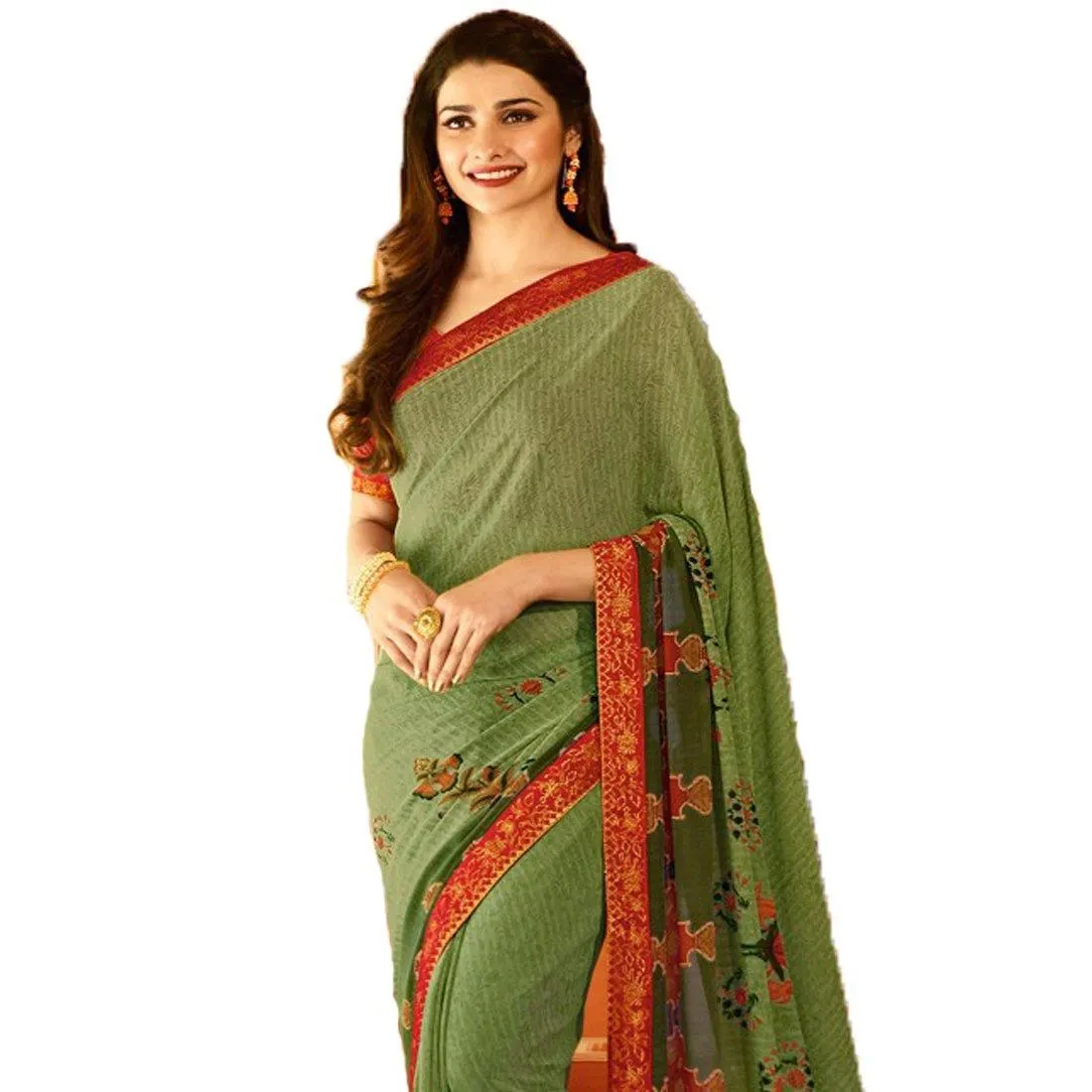 Dazzling Green With Red Print Colored Designer Georgette Saree