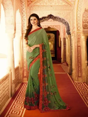 Dazzling Green With Red Print Colored Designer Georgette Saree