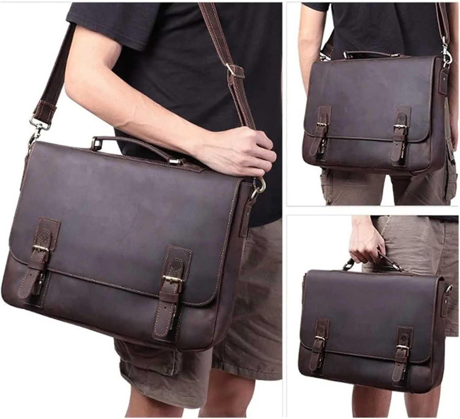 DHAEY Briefcases Vintage Messenger Handbag, Flapover Business Briefcase 15.6" Laptop Tote Handbag Large Capacity