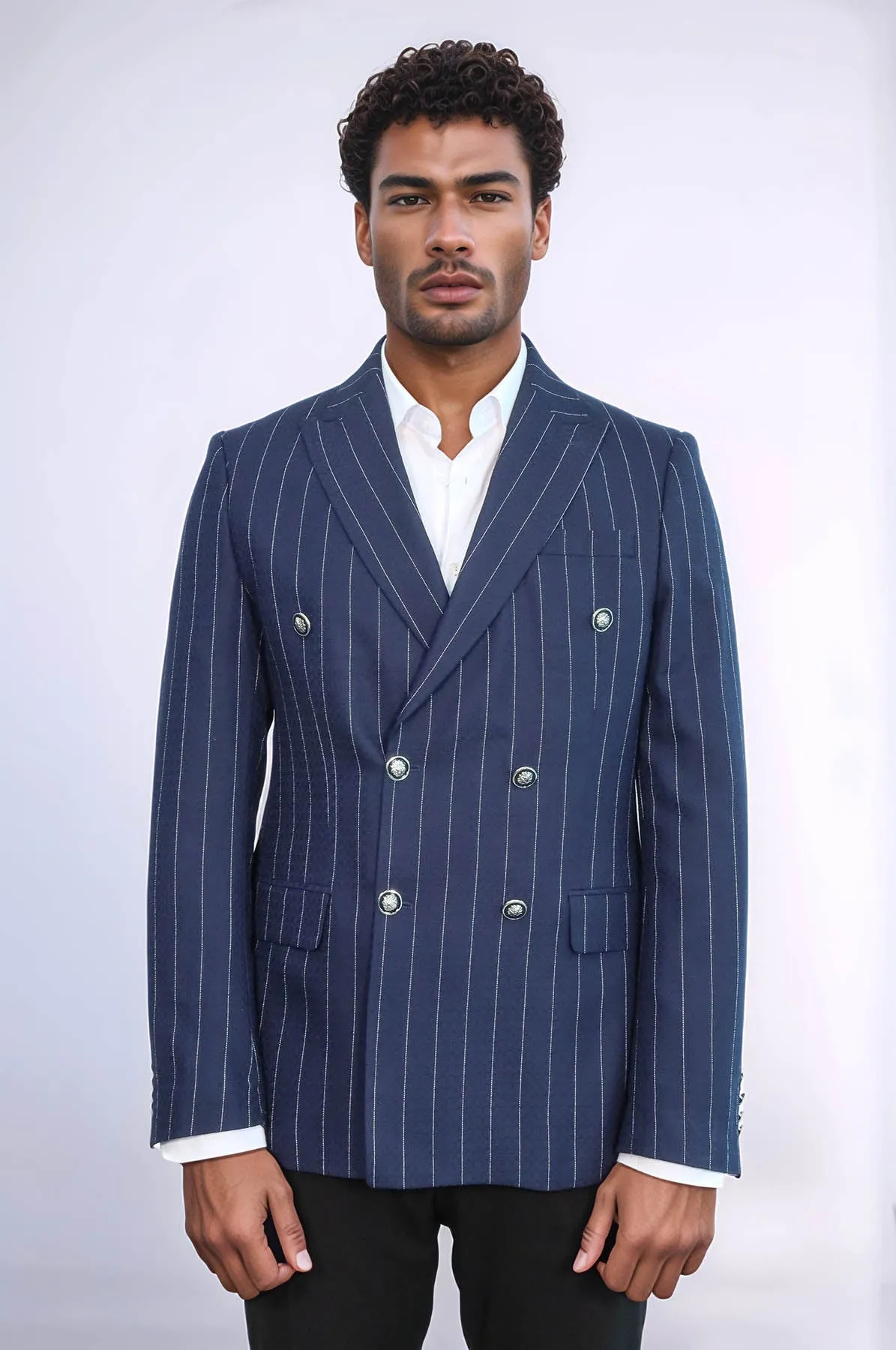 Double Breasted Slim Fit Striped Navy Blue Men Blazer - Wessi