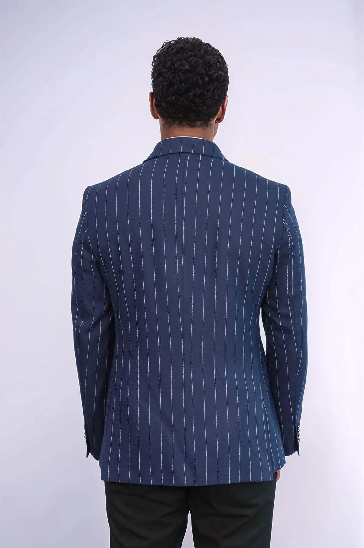 Double Breasted Slim Fit Striped Navy Blue Men Blazer - Wessi