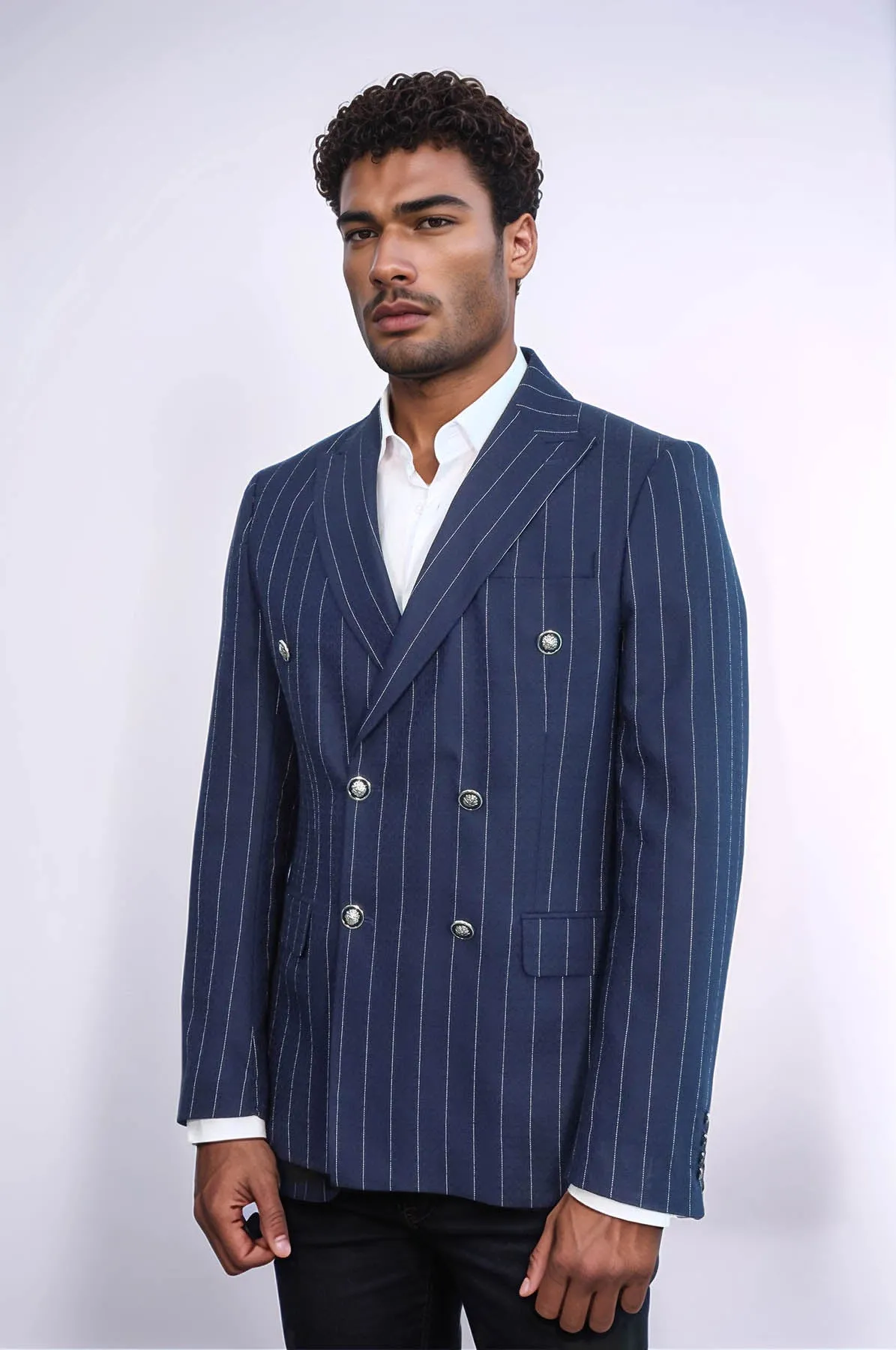 Double Breasted Slim Fit Striped Navy Blue Men Blazer - Wessi