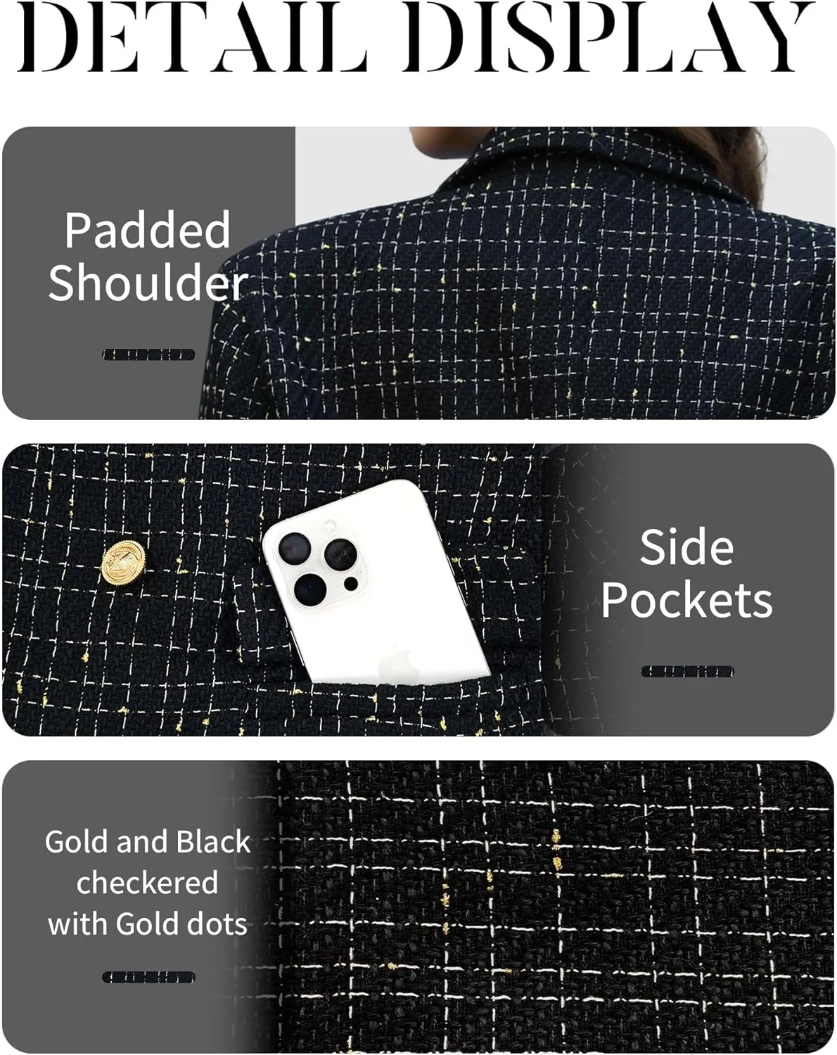 ELLEVEN Women's Tweed Blazers Business Casual - Long Sleeve Double Breasted Jackets Open Front Work Suits