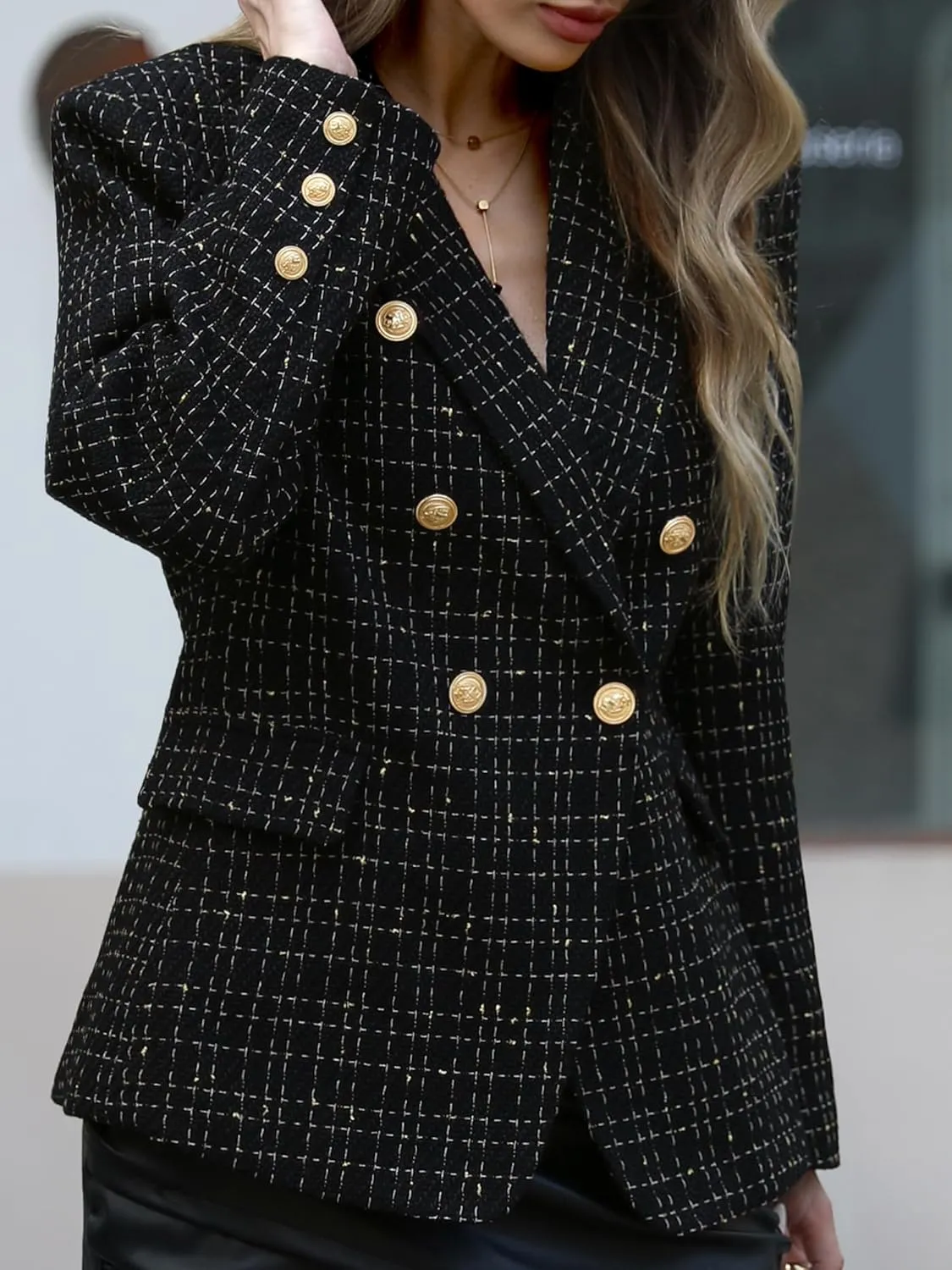ELLEVEN Women's Tweed Blazers Business Casual - Long Sleeve Double Breasted Jackets Open Front Work Suits
