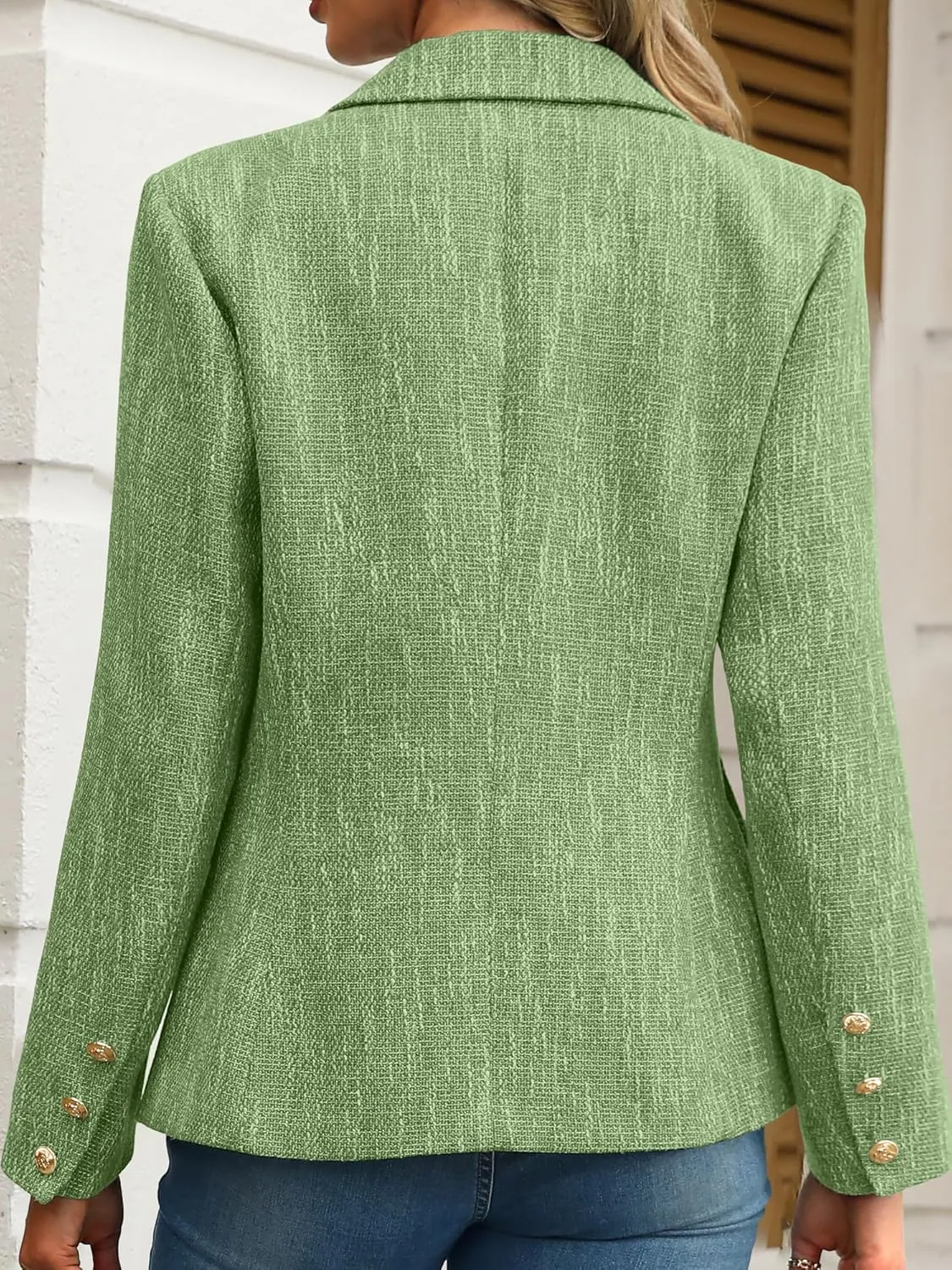 ELLEVEN Women's Tweed Blazers Business Casual - Long Sleeve Double Breasted Jackets Open Front Work Suits