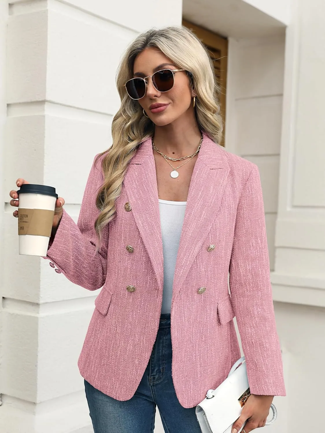 ELLEVEN Women's Tweed Blazers Business Casual - Long Sleeve Double Breasted Jackets Open Front Work Suits