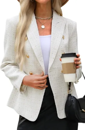 ELLEVEN Women's Tweed Blazers Business Casual - Long Sleeve Double Breasted Jackets Open Front Work Suits