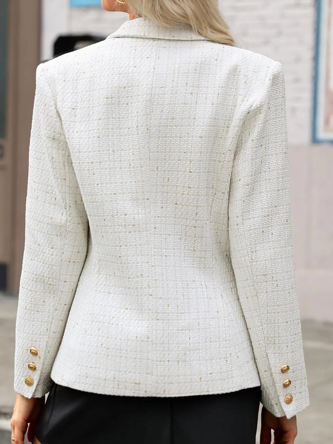 ELLEVEN Women's Tweed Blazers Business Casual - Long Sleeve Double Breasted Jackets Open Front Work Suits