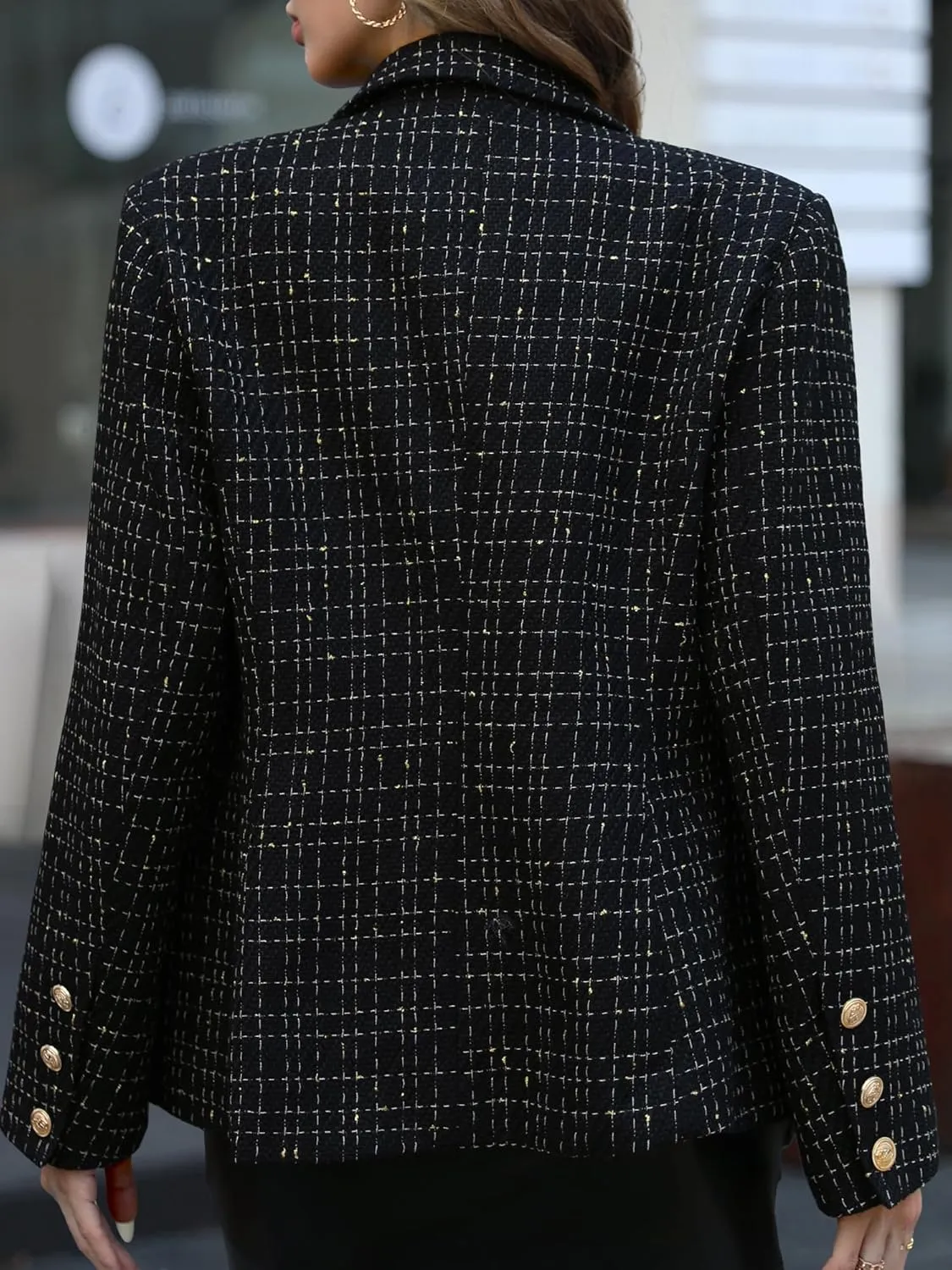 ELLEVEN Women's Tweed Blazers Business Casual - Long Sleeve Double Breasted Jackets Open Front Work Suits