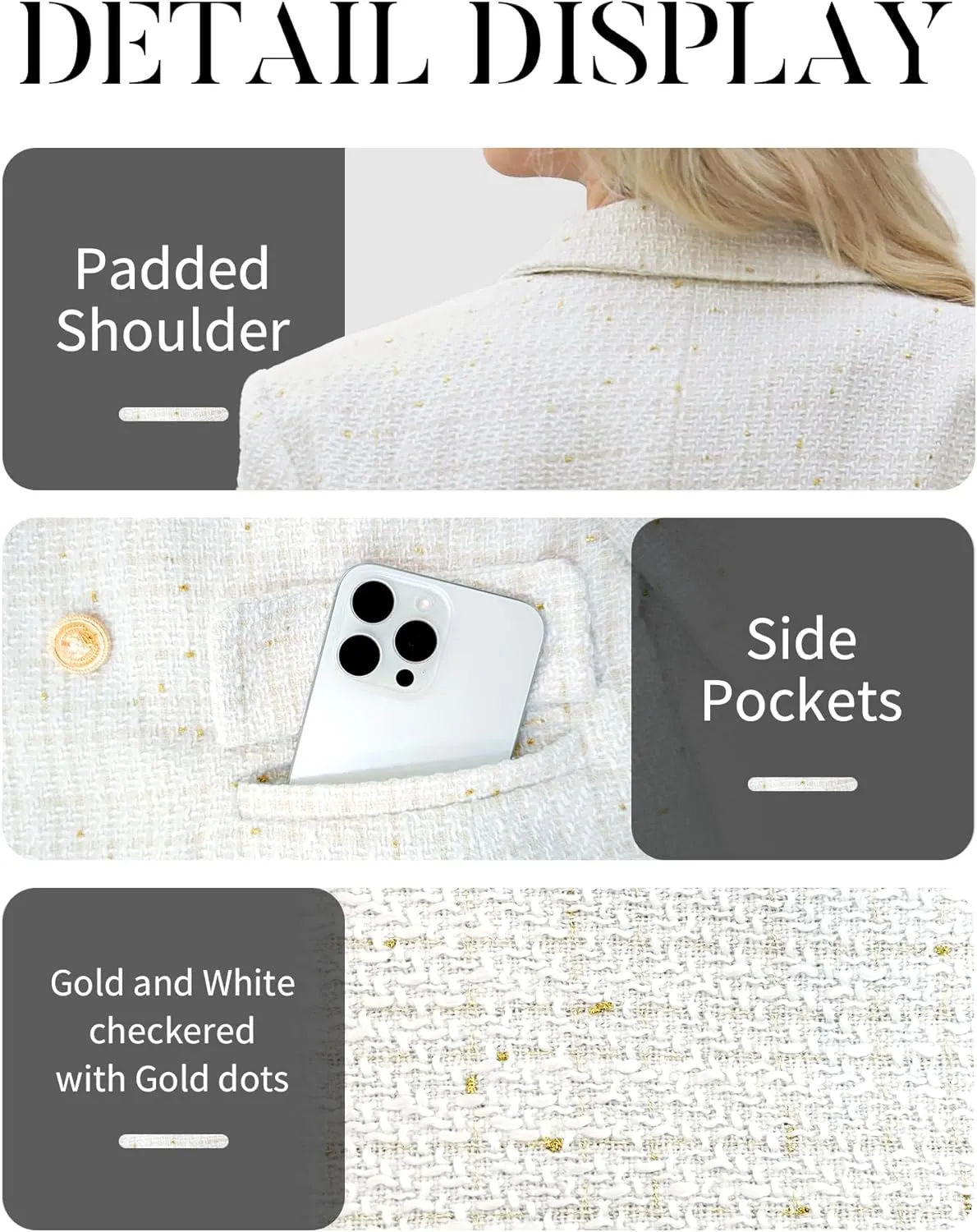 ELLEVEN Women's Tweed Blazers Business Casual - Long Sleeve Double Breasted Jackets Open Front Work Suits