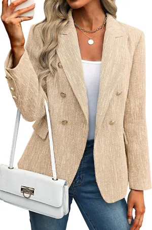 ELLEVEN Women's Tweed Blazers Business Casual - Long Sleeve Double Breasted Jackets Open Front Work Suits