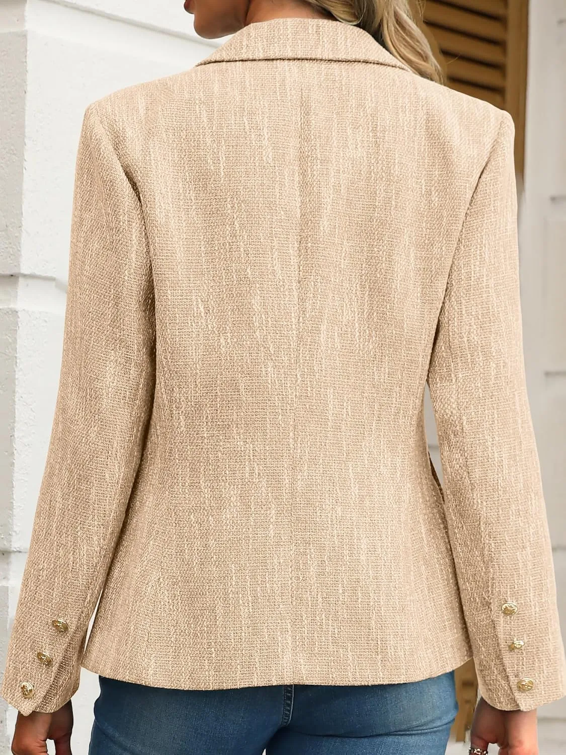 ELLEVEN Women's Tweed Blazers Business Casual - Long Sleeve Double Breasted Jackets Open Front Work Suits