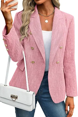 ELLEVEN Women's Tweed Blazers Business Casual - Long Sleeve Double Breasted Jackets Open Front Work Suits