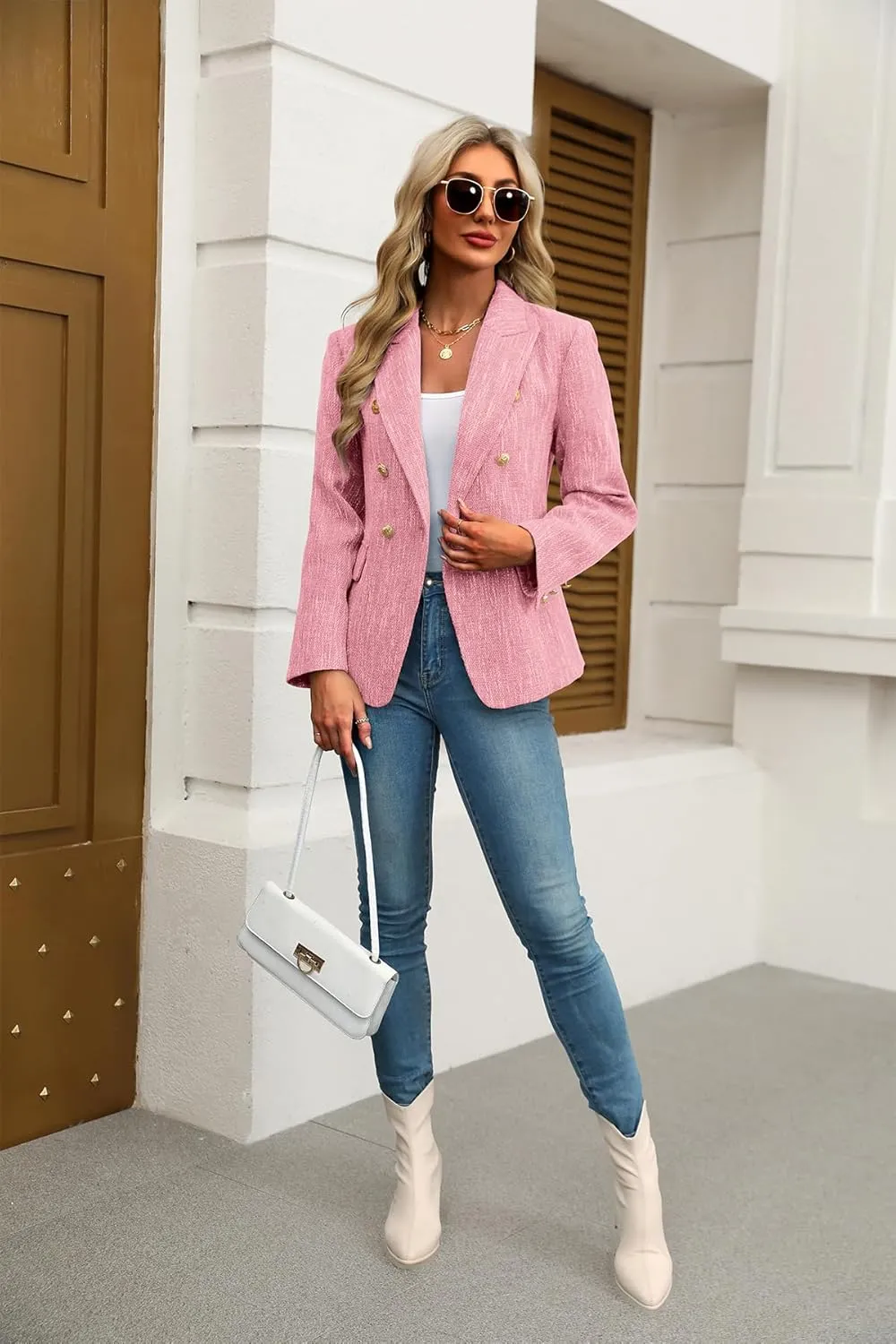ELLEVEN Women's Tweed Blazers Business Casual - Long Sleeve Double Breasted Jackets Open Front Work Suits
