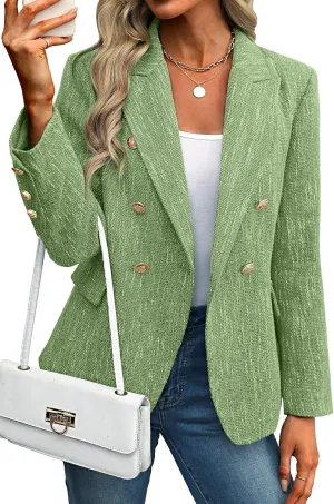 ELLEVEN Women's Tweed Blazers Business Casual - Long Sleeve Double Breasted Jackets Open Front Work Suits