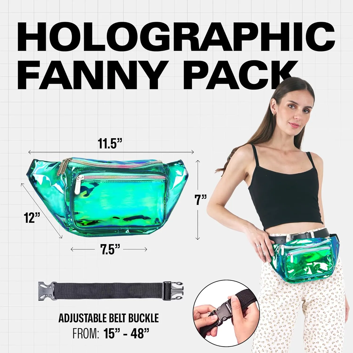 Fanny Pack Belt bag - Crossbody Waist Bag for Men or Women - Hands-Free, Waterproof Large Bumbag for Hiking, Running, and Travel (Holographic Transparent - Aqua)