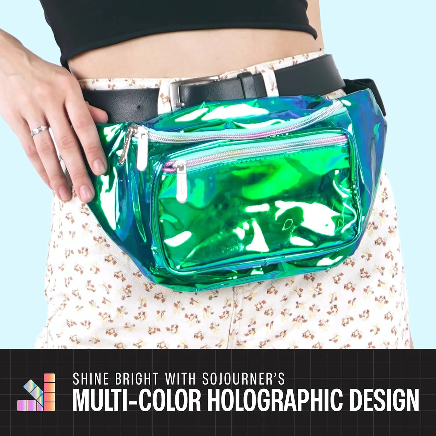 Fanny Pack Belt bag - Crossbody Waist Bag for Men or Women - Hands-Free, Waterproof Large Bumbag for Hiking, Running, and Travel (Holographic Transparent - Aqua)