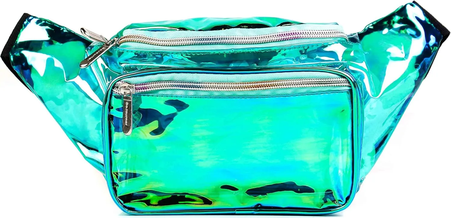 Fanny Pack Belt bag - Crossbody Waist Bag for Men or Women - Hands-Free, Waterproof Large Bumbag for Hiking, Running, and Travel (Holographic Transparent - Aqua)