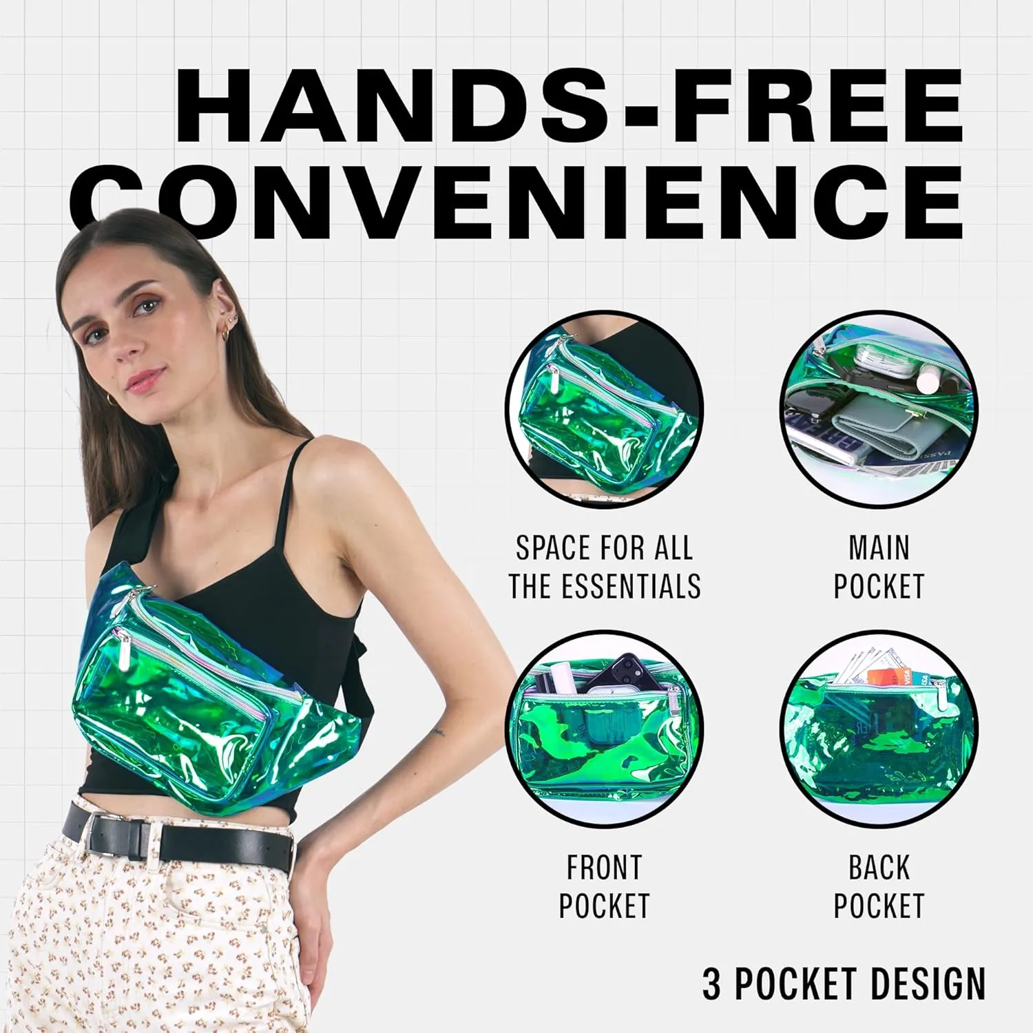 Fanny Pack Belt bag - Crossbody Waist Bag for Men or Women - Hands-Free, Waterproof Large Bumbag for Hiking, Running, and Travel (Holographic Transparent - Aqua)