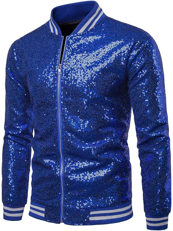 FEORJGP Mens Sequins Jakcet Zip Up Varsity Baseball Bomber Jacket Shinny Lightweight Coat Clubwear Bomber Jacket for Stage