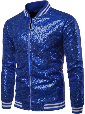 FEORJGP Mens Sequins Jakcet Zip Up Varsity Baseball Bomber Jacket Shinny Lightweight Coat Clubwear Bomber Jacket for Stage