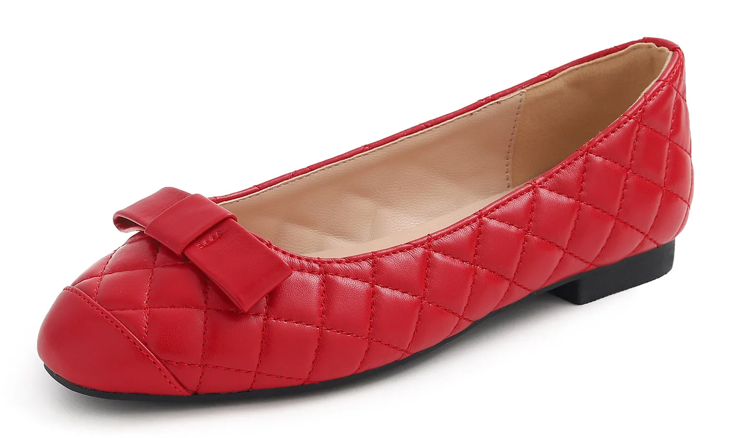 Feversole Women's Square Toe Fashion Bow Tie Dress Slip On Ballet Flats Quilted Vegan Leather