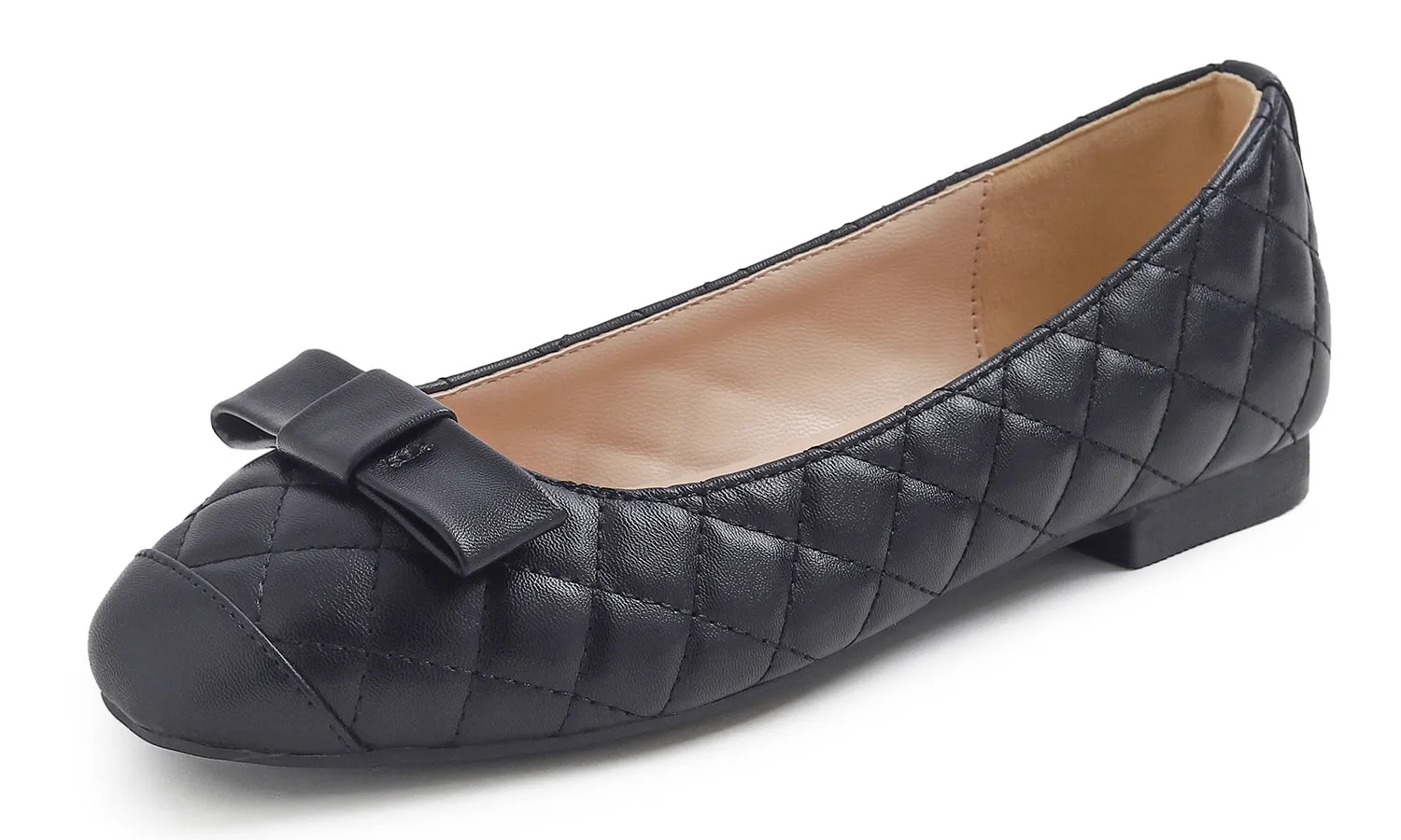 Feversole Women's Square Toe Fashion Bow Tie Dress Slip On Ballet Flats Quilted Vegan Leather