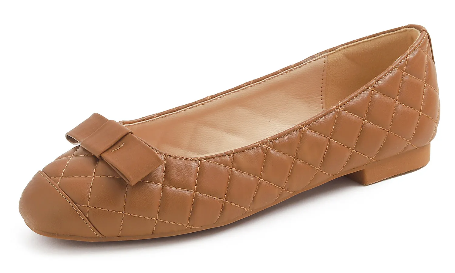 Feversole Women's Square Toe Fashion Bow Tie Dress Slip On Ballet Flats Quilted Vegan Leather