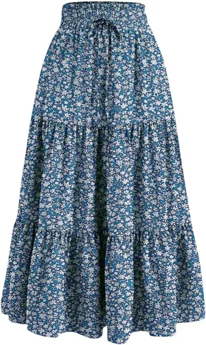 Floral Maxi Skirt for Women Summer Boho Tiered A Line Skirts Flowy Long High Waisted Ruffle Beach Vacation Skirts