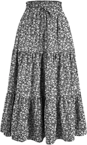 Floral Maxi Skirt for Women Summer Boho Tiered A Line Skirts Flowy Long High Waisted Ruffle Beach Vacation Skirts