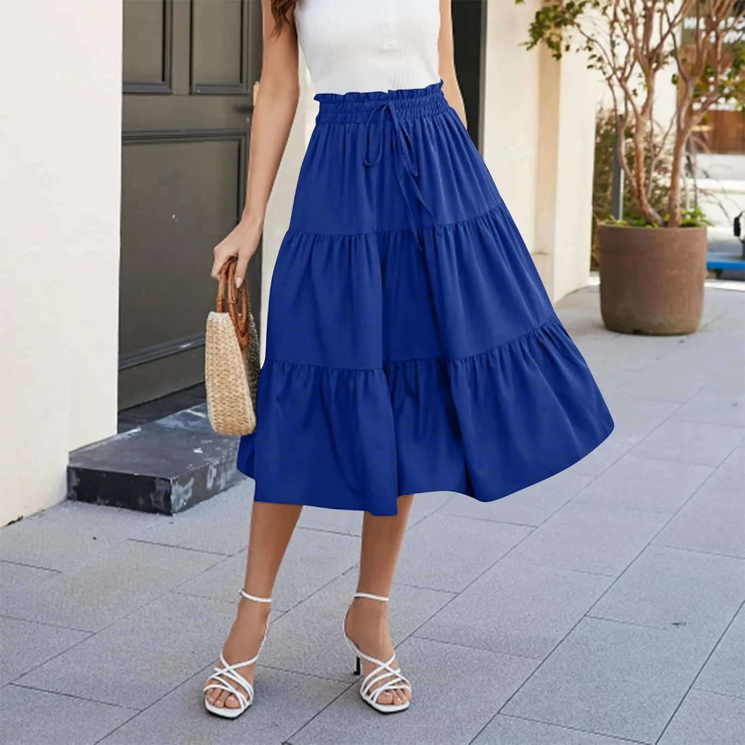 Floral Maxi Skirt for Women Summer Boho Tiered A Line Skirts Flowy Long High Waisted Ruffle Beach Vacation Skirts