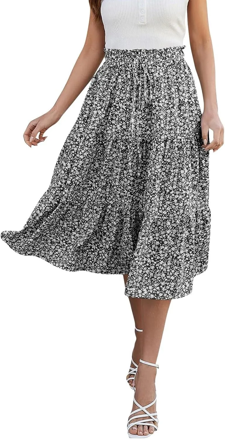 Floral Maxi Skirt for Women Summer Boho Tiered A Line Skirts Flowy Long High Waisted Ruffle Beach Vacation Skirts