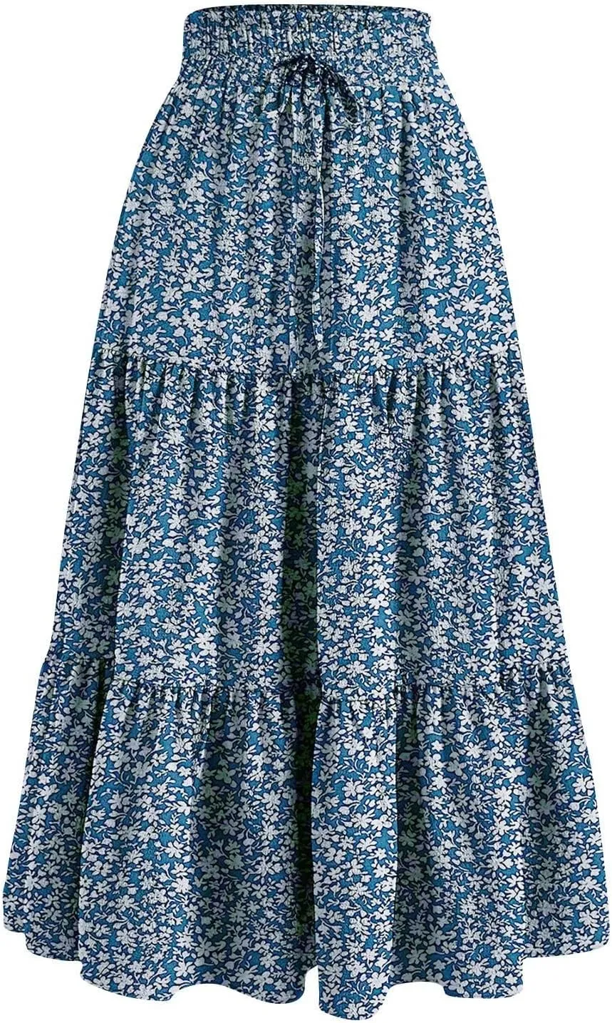 Floral Maxi Skirt for Women Summer Boho Tiered A Line Skirts Flowy Long High Waisted Ruffle Beach Vacation Skirts