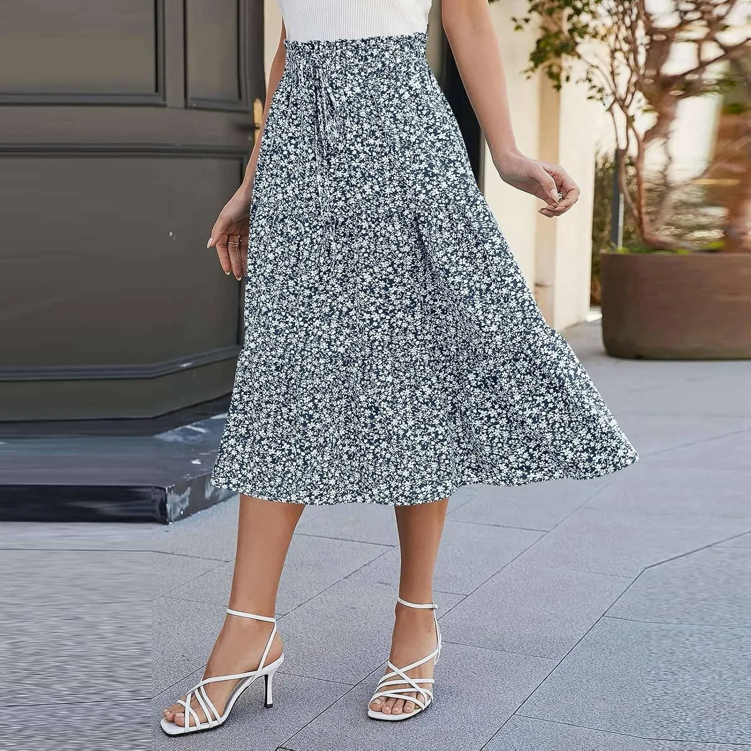 Floral Maxi Skirt for Women Summer Boho Tiered A Line Skirts Flowy Long High Waisted Ruffle Beach Vacation Skirts
