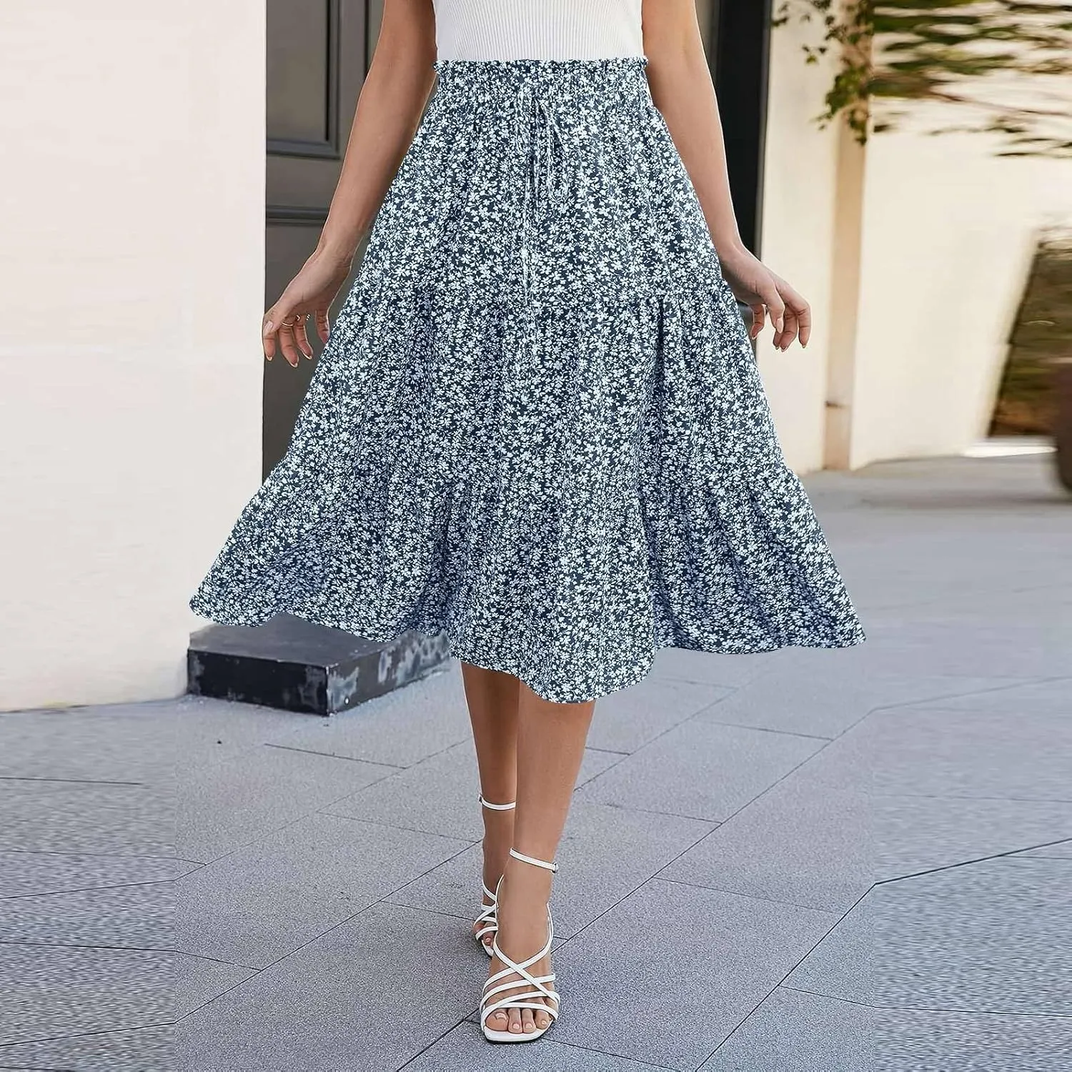 Floral Maxi Skirt for Women Summer Boho Tiered A Line Skirts Flowy Long High Waisted Ruffle Beach Vacation Skirts