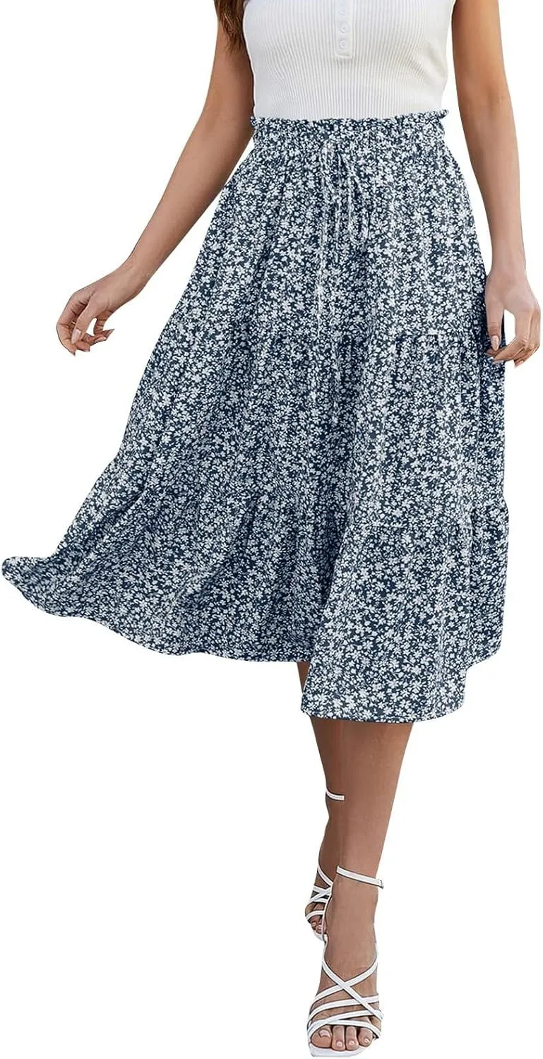 Floral Maxi Skirt for Women Summer Boho Tiered A Line Skirts Flowy Long High Waisted Ruffle Beach Vacation Skirts