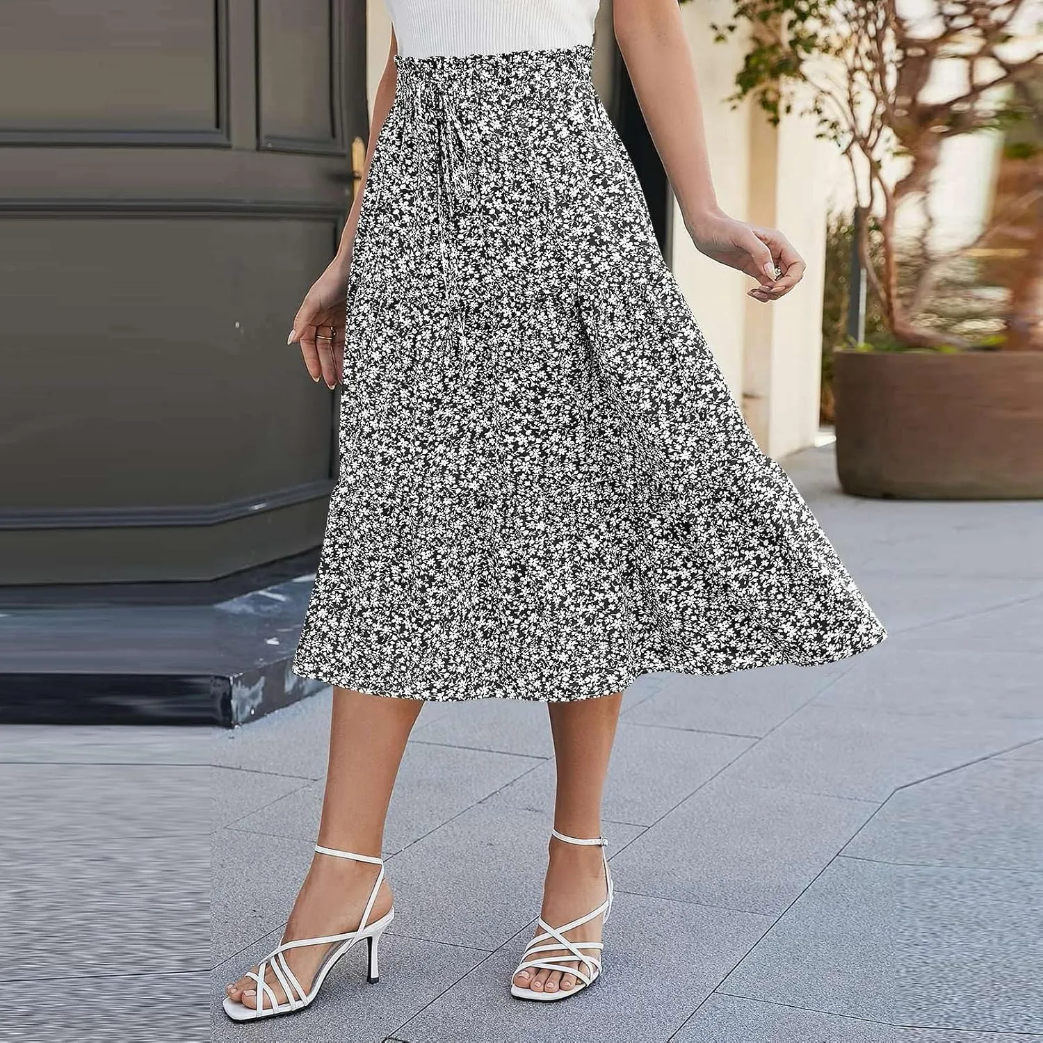 Floral Maxi Skirt for Women Summer Boho Tiered A Line Skirts Flowy Long High Waisted Ruffle Beach Vacation Skirts