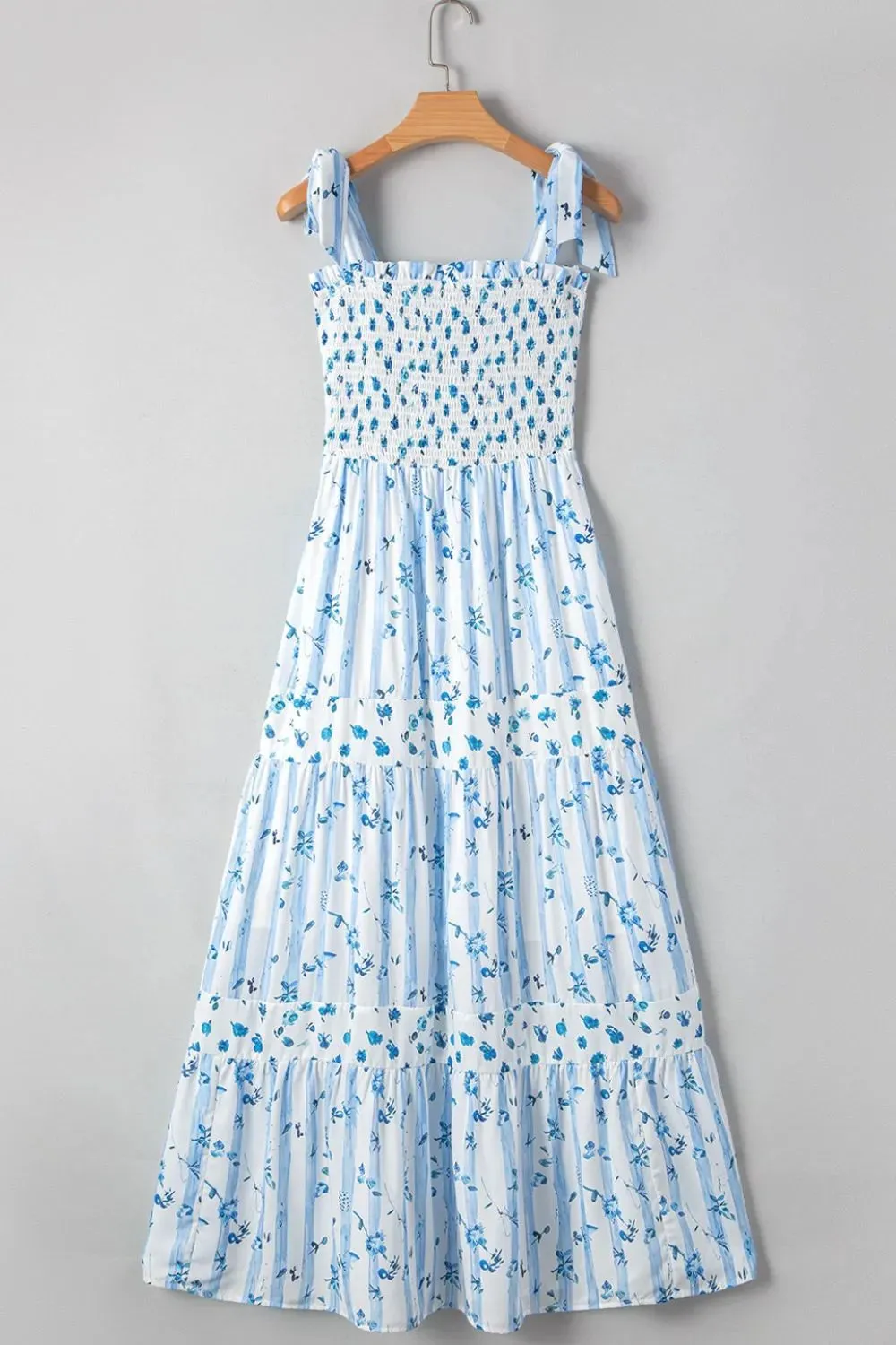 Floral Smocked Tied Straps A-Lined Tiered Dress