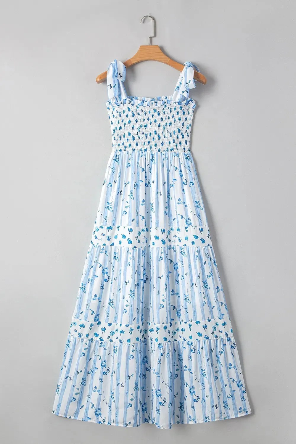 Floral Smocked Tied Straps A-Lined Tiered Dress