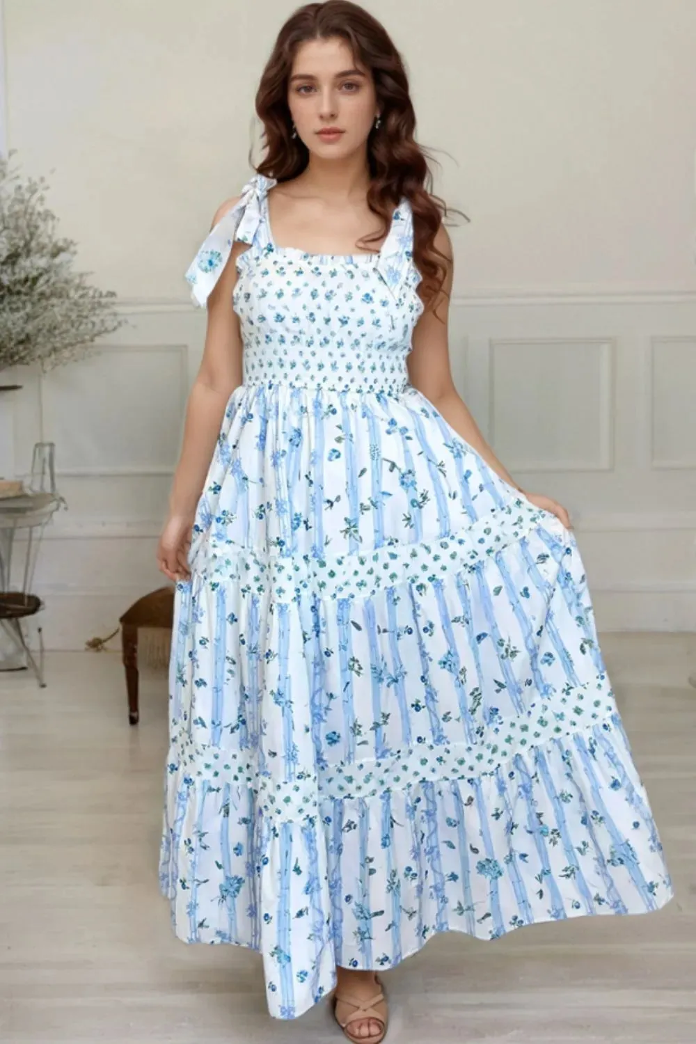 Floral Smocked Tied Straps A-Lined Tiered Dress