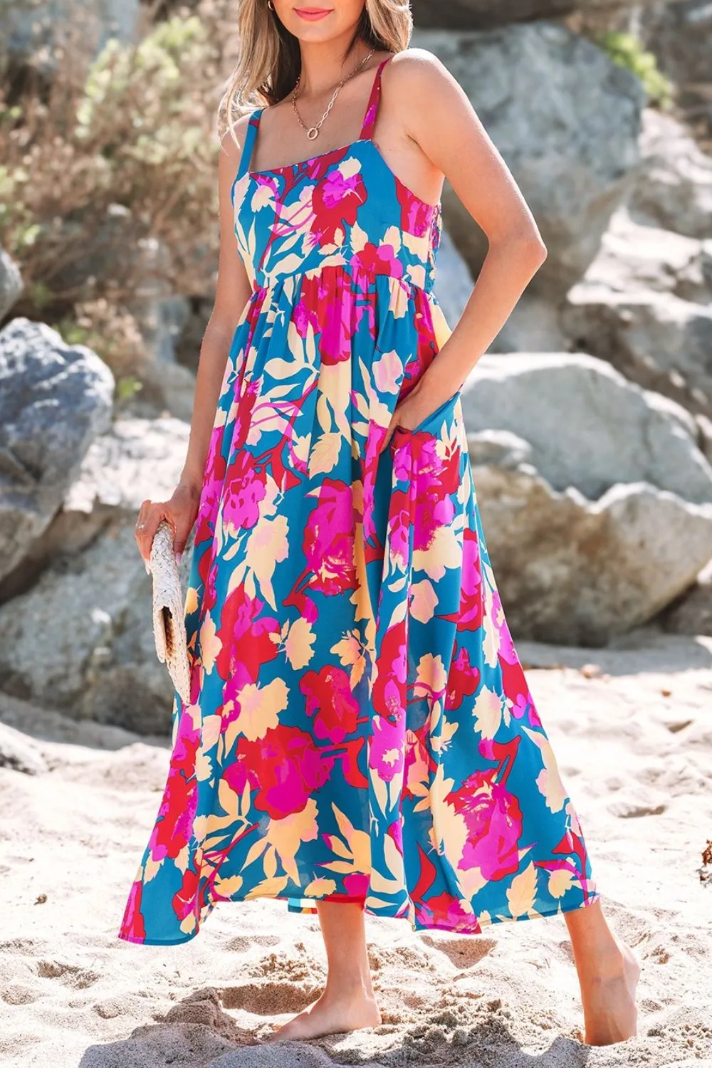 Floral Square Neck Cami Dress with Pockets