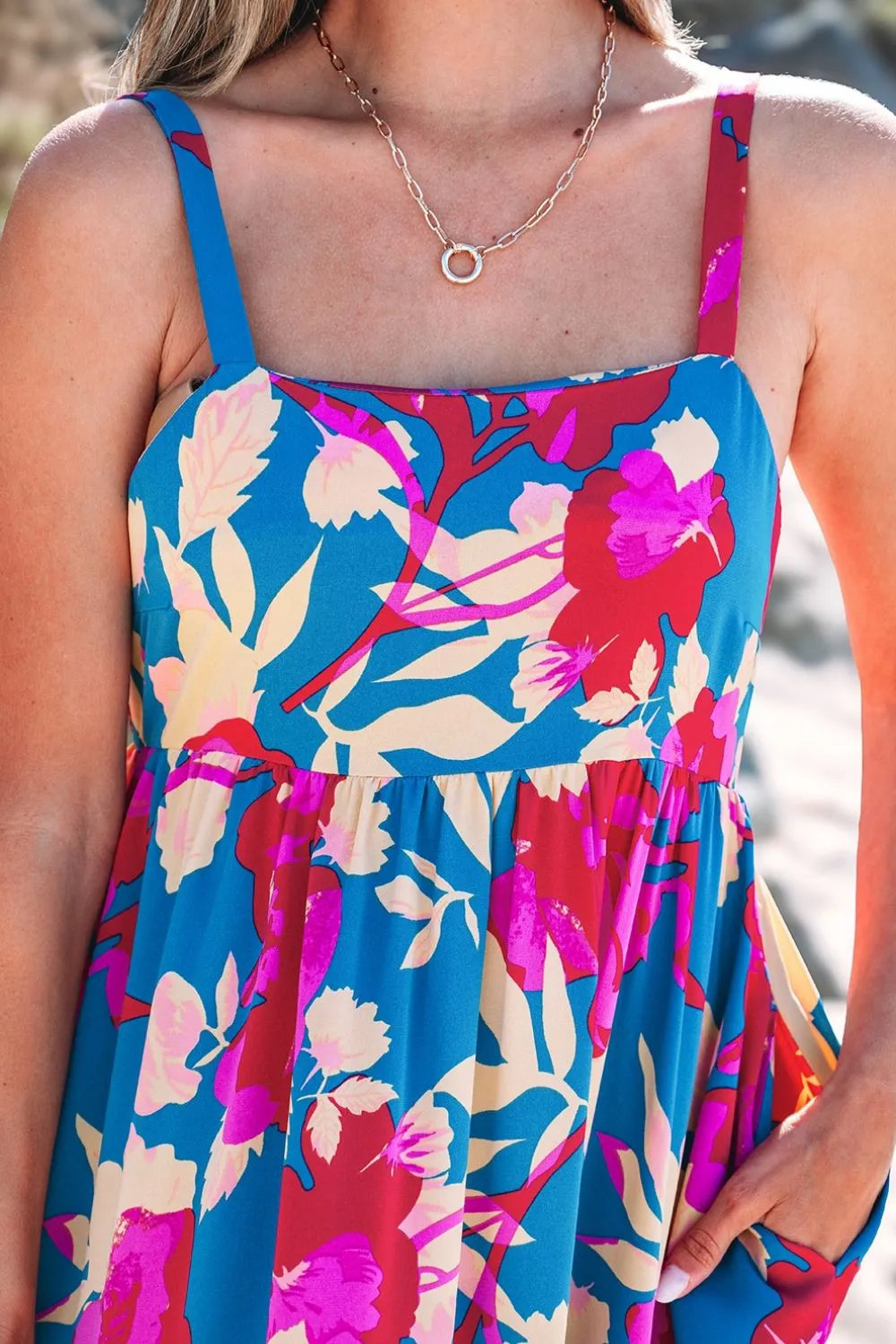 Floral Square Neck Cami Dress with Pockets