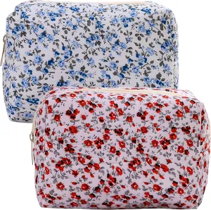Floral Zipper Travel Makeup Bags, Set of 2 Large Capacity Cosmetic Bags, Portable Pouch Open Flat Toiletry Bag for Women Size 6.7 * 4.35 * 2.8 in